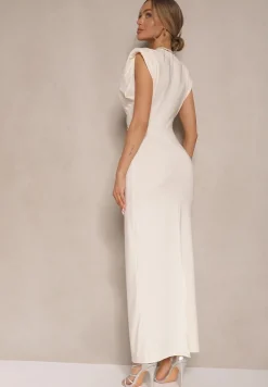 Beżowa Sukienka Koktajlowa z Wiskozą Usztywnianymi Ramionami i Guzikami Melritia