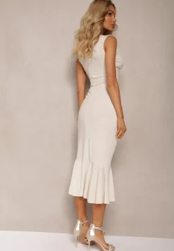 Beżowa Sukienka Koktajlowa z Różaną Aplikacją Falbaną i Marszczeniem Nrivia