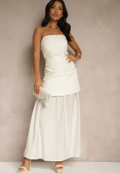 Beżowa Sukienka Koktajlowa z Dekoltem Bandeau Ozdobiona Marszczeniem Folimmea