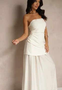 Beżowa Sukienka Koktajlowa z Dekoltem Bandeau Ozdobiona Marszczeniem Folimmea