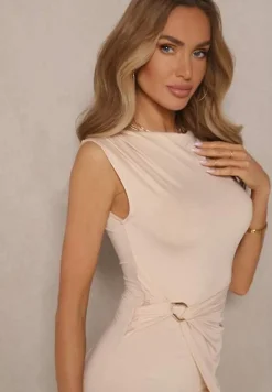 Beżowa Sukienka Koktajlowa Ozdobiona Marszczeniem Novalina