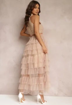 Beżowa Sukienka Koktajlowa z Koronkową Górą i Rozkloszowanym Tiulowym Dołem Venisa