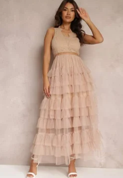 Beżowa Sukienka Koktajlowa z Koronkową Górą i Rozkloszowanym Tiulowym Dołem Venisa