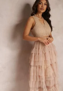 Beżowa Sukienka Koktajlowa z Koronkową Górą i Rozkloszowanym Tiulowym Dołem Venisa