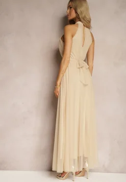 Beżowa Sukienka Koktajlowa z Siateczką Wiązana Materiałowym Paskiem ze Stójką Nestassi