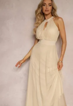 Beżowa Sukienka Koktajlowa z Siateczką Wiązana Materiałowym Paskiem ze Stójką Nestassi