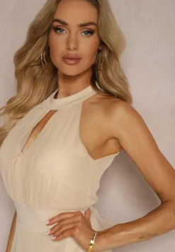 Beżowa Sukienka Koktajlowa z Siateczką Wiązana Materiałowym Paskiem ze Stójką Nestassi