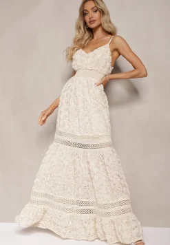 Beżowa Sukienka Koktajlowa z Motywem Kwiatów na Regulowanych Ramiączkach z Gumką w Talii Navitha