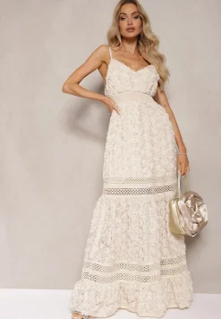 Beżowa Sukienka Koktajlowa z Motywem Kwiatów na Regulowanych Ramiączkach z Gumką w Talii Navitha