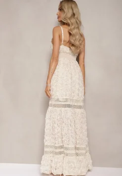 Beżowa Sukienka Koktajlowa z Motywem Kwiatów na Regulowanych Ramiączkach z Gumką w Talii Navitha