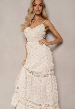 Beżowa Sukienka Koktajlowa z Motywem Kwiatów na Regulowanych Ramiączkach z Gumką w Talii Navitha