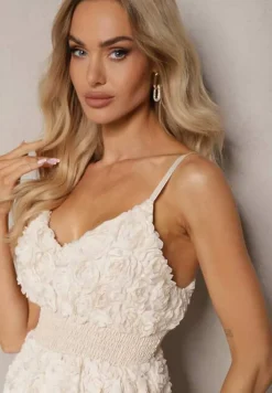 Beżowa Sukienka Koktajlowa z Motywem Kwiatów na Regulowanych Ramiączkach z Gumką w Talii Navitha