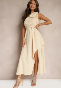 Beżowa Sukienka Koktajlowa o Asymetrycznym Kroju na Jedno Ramię Ozdobiona Kokardą Vimorissa