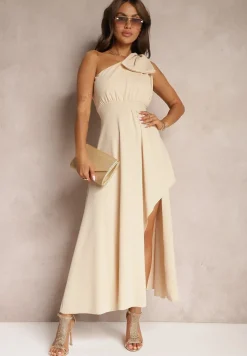 Beżowa Sukienka Koktajlowa o Asymetrycznym Kroju na Jedno Ramię Ozdobiona Kokardą Vimorissa