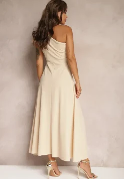 Beżowa Sukienka Koktajlowa o Asymetrycznym Kroju na Jedno Ramię Ozdobiona Kokardą Vimorissa