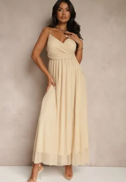 Beżowa Sukienka Koktajlowa Ozdobiona Tiulowym Materiałem Deviora