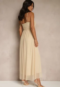 Beżowa Sukienka Koktajlowa Ozdobiona Tiulowym Materiałem Deviora