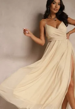 Beżowa Sukienka Koktajlowa Ozdobiona Tiulowym Materiałem Deviora