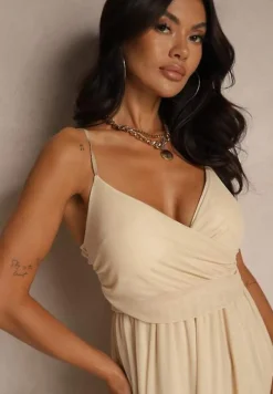 Beżowa Sukienka Koktajlowa Ozdobiona Tiulowym Materiałem Deviora