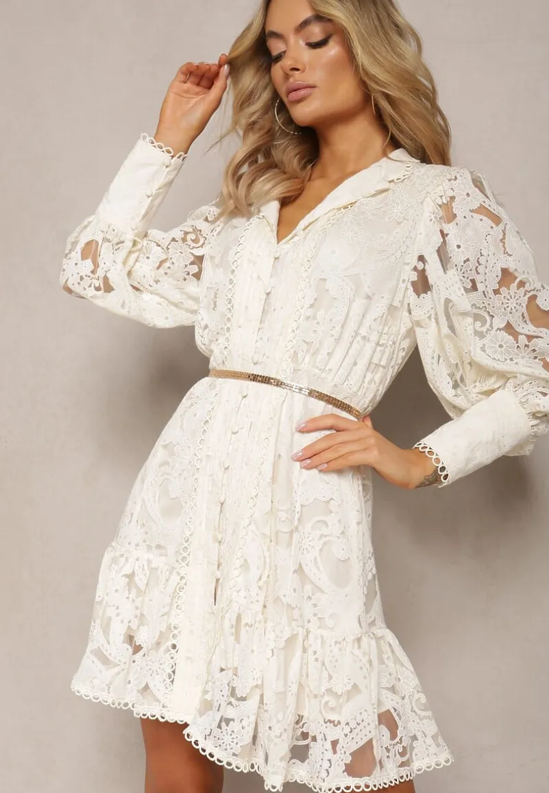 Beżowa Sukienka Koronkowa z Falbanką Hermamna