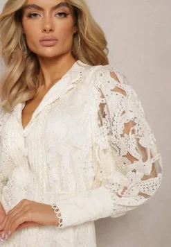 Beżowa Sukienka Koronkowa z Falbanką Hermamna