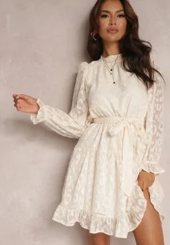 Beżowa Sukienka Koronkowa Wiązana w Pasie Crella