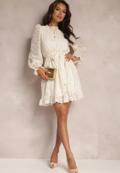 Beżowa Sukienka Koronkowa Wiązana w Pasie Crella