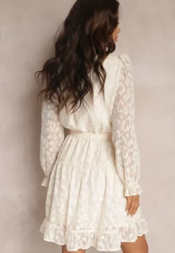 Beżowa Sukienka Koronkowa Wiązana w Pasie Crella