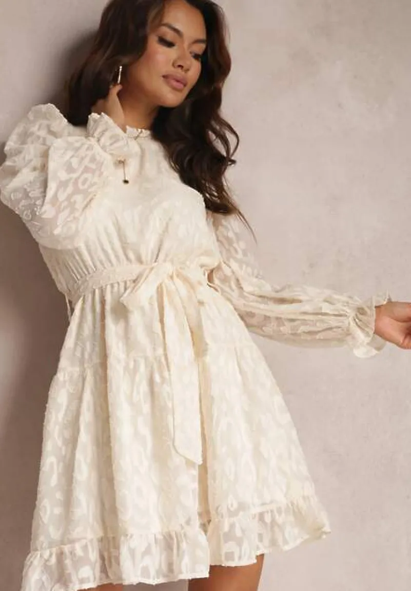 Beżowa Sukienka Koronkowa Wiązana w Pasie Crella