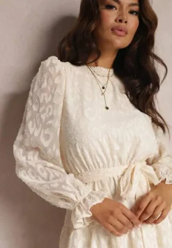 Beżowa Sukienka Koronkowa Wiązana w Pasie Crella