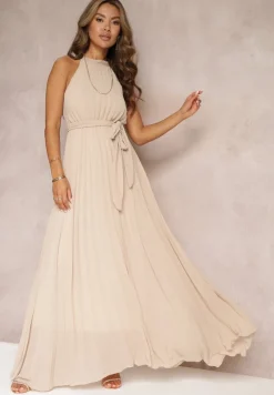 Beżowa Sukienka Maxi bez Rękawów z Gumką w Talii z Plisowanej Tkaniny Pesstia