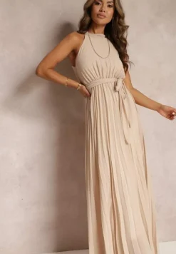 Beżowa Sukienka Maxi bez Rękawów z Gumką w Talii z Plisowanej Tkaniny Pesstia