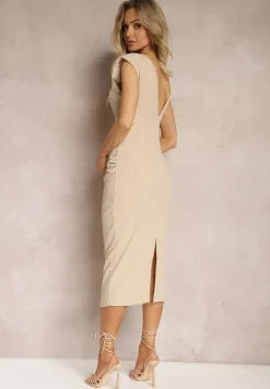 Beżowa Sukienka Midi Bez Rękawów z Drapowaniem i Wycięciem na Plecach Blita