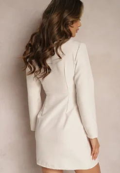 Beżowa Sukienka Mini w Stylu Marynarki z Długimi Rękawami i Kwiatową Aplikacją Tansiwia