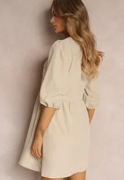 Beżowa Sukienka Mini z Ażurowym Dekoltem i Rękawem 3/4 Aphromia