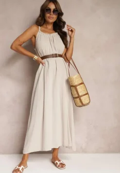 Beżowa Sukienka Muślinowa z Bawełny na Ramiączkach z Regulacją i Wiązaniem przy Dekolcie Felisea