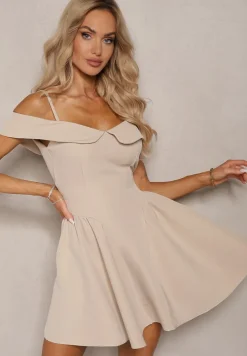 Beżowa Sukienka na Ramiączkach z Regulacją z Usztywnionymi Miseczkami Miviora