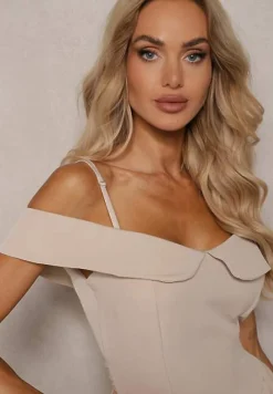 Beżowa Sukienka na Ramiączkach z Regulacją z Usztywnionymi Miseczkami Miviora