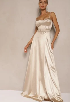 Beżowa Sukienka na Ramiączkach o Rozkloszowanym Kroju z Wiązaniem na Plecach Katirione