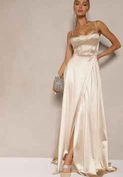 Beżowa Sukienka na Ramiączkach o Rozkloszowanym Kroju z Wiązaniem na Plecach Katirione