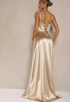 Beżowa Sukienka na Ramiączkach o Rozkloszowanym Kroju z Wiązaniem na Plecach Katirione