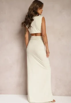 Beżowa Sukienka o Asymetrycznym Kroju z Ozdobnym Marszczeniem i Wycięciem Rivatenia