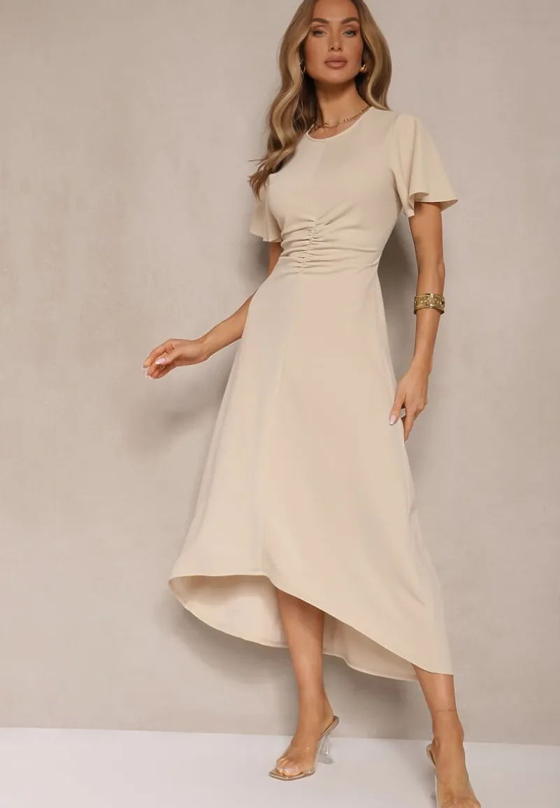 Beżowa Sukienka o Rozkloszowanym Kroju z Marszczeniem Odarene