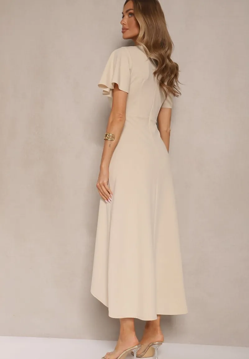 Beżowa Sukienka o Rozkloszowanym Kroju z Marszczeniem Odarene