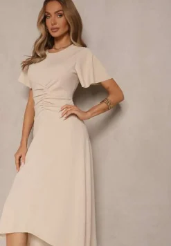 Beżowa Sukienka o Rozkloszowanym Kroju z Marszczeniem Odarene