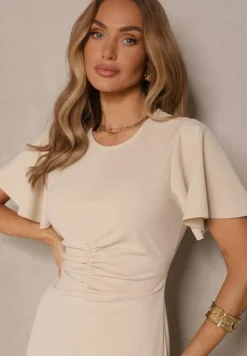 Beżowa Sukienka o Rozkloszowanym Kroju z Marszczeniem Odarene