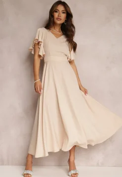 Beżowa Sukienka o Rozkloszowanym Kroju z Falbanami Bouchard