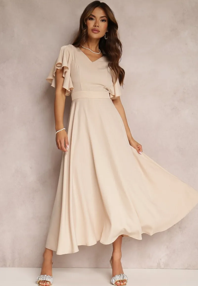 Beżowa Sukienka o Rozkloszowanym Kroju z Falbanami Bouchard