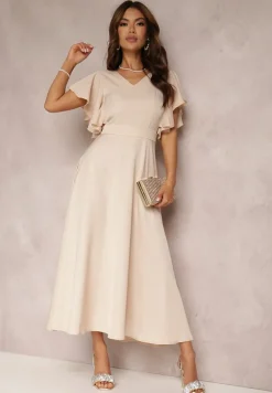 Beżowa Sukienka o Rozkloszowanym Kroju z Falbanami Bouchard