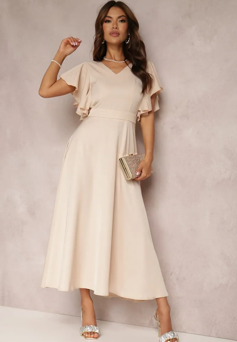 Beżowa Sukienka o Rozkloszowanym Kroju z Falbanami Bouchard